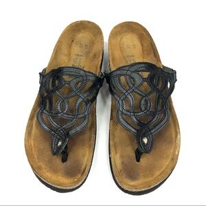 Naot 37 black flip-flop cutout leather thong sandal contoured cork footbed